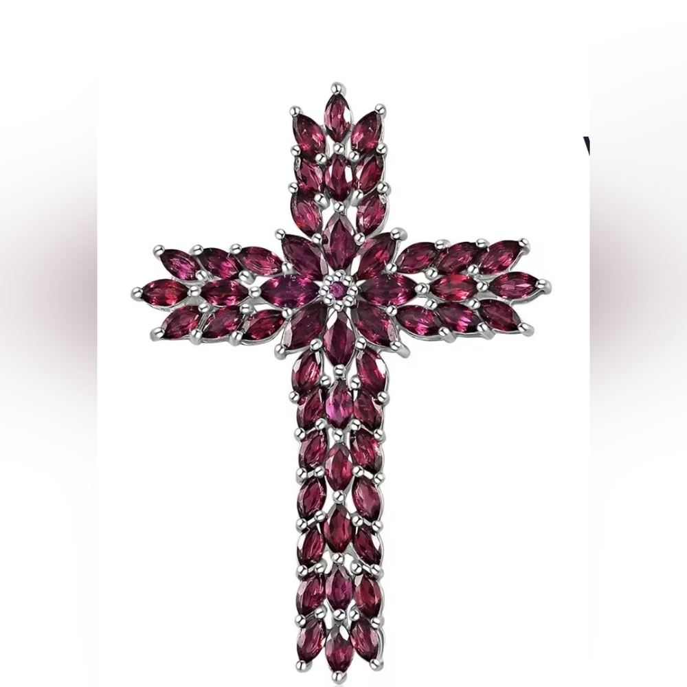 Genuine Rhodolite Garnet Cross in Platinum over Sterling Silver! ✨️🎀